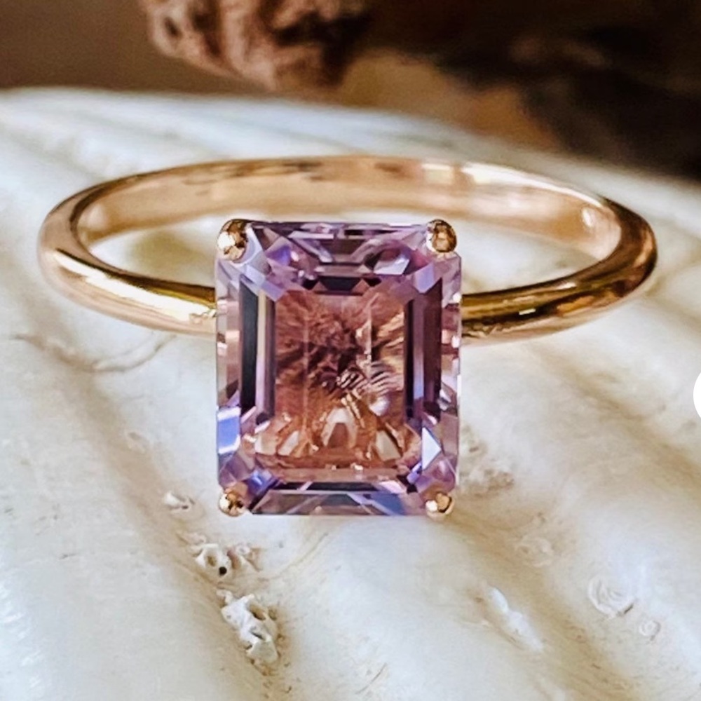 3.00 ct Gold Rose De France Emerald Cut Amethyst Engagement Ring